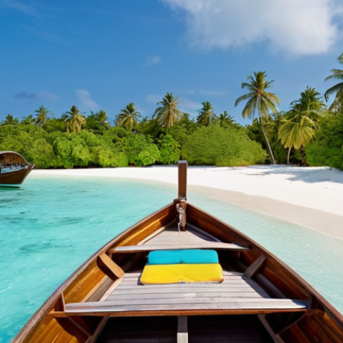 Home 7 **Arrival at the Maldives**:
"A breathtaking scene of a traveler arriving at a tropical island in the Maldives, with warm air and ocean scents. A small boat approaching a resort surrounded by white sandy beaches and crystal-clear water, capturing the excitement of an adventure."