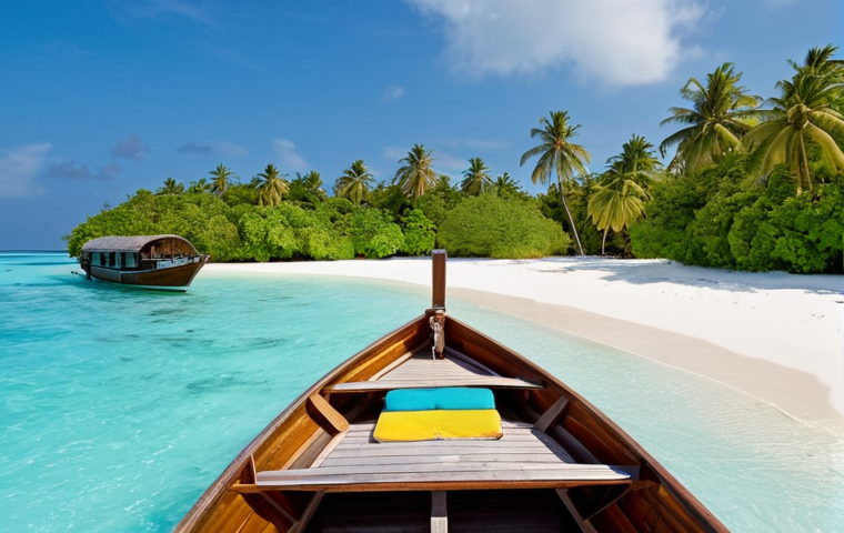 **Arrival at the Maldives**:
"A breathtaking scene of a traveler arriving at a tropical island in the Maldives, with warm air and ocean scents. A small boat approaching a resort surrounded by white sandy beaches and crystal-clear water, capturing the excitement of an adventure."