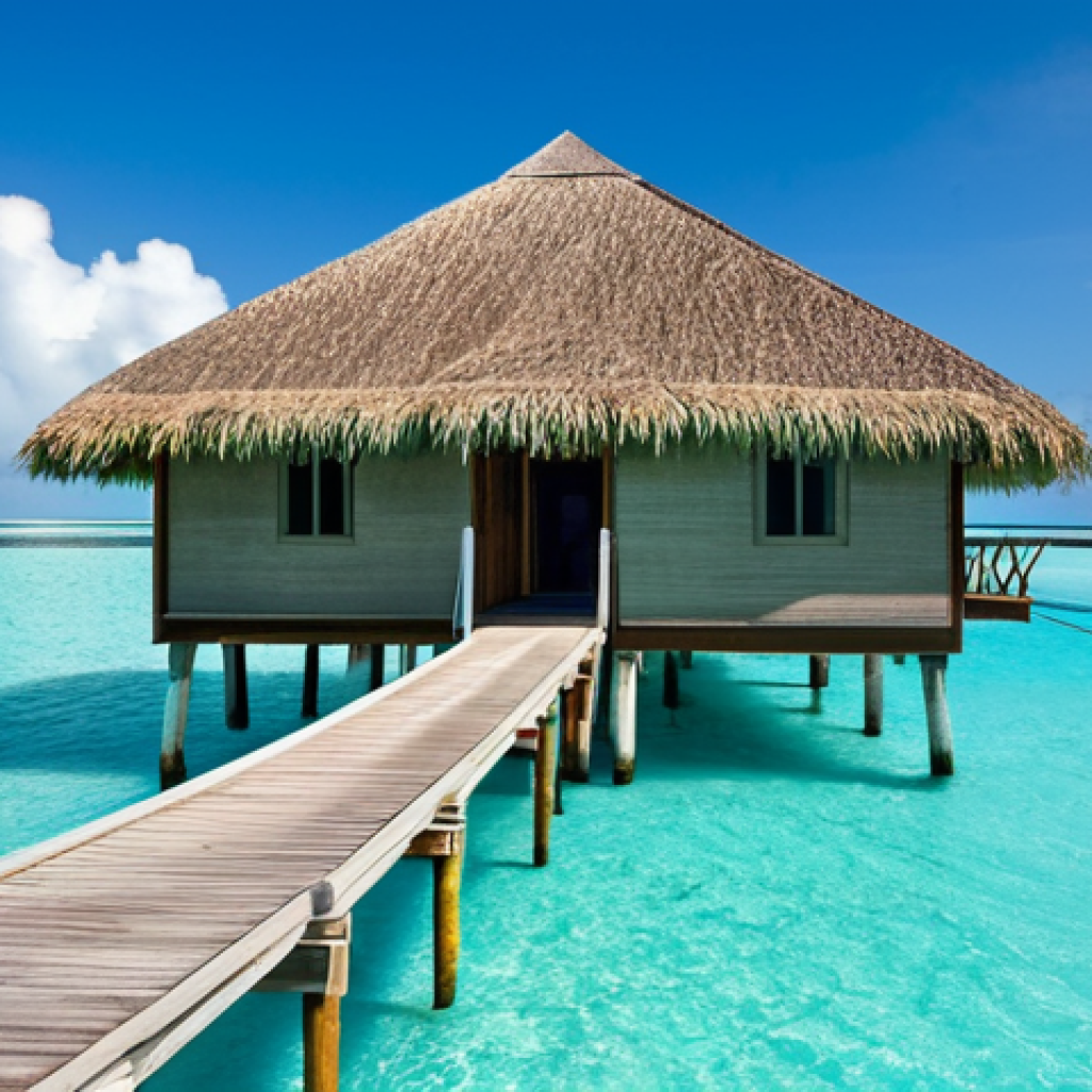 A serene traditional Maldivian overwater bungalow, constructed with natural materials such as an intricately woven palm thatch roof and sturdy wooden stilts. The structure sits gracefully over a clear turquoise lagoon, bathed in bright sunlight. In the background, a small, lush tropical island. Professional architectural photography, high detail, sharp focus, vibrant colors, calm water, appropriate content, safe for work, fully clothed, modest design.