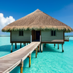 A serene traditional Maldivian overwater bungalow, constructed with natural materials such as an intricately woven palm thatch roof and sturdy wooden stilts. The structure sits gracefully over a clear turquoise lagoon, bathed in bright sunlight. In the background, a small, lush tropical island. Professional architectural photography, high detail, sharp focus, vibrant colors, calm water, appropriate content, safe for work, fully clothed, modest design.