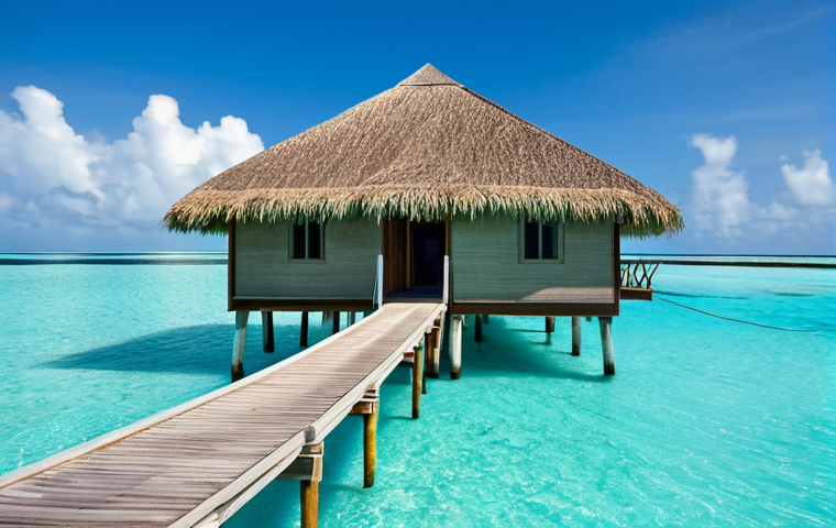 A serene traditional Maldivian overwater bungalow, constructed with natural materials such as an intricately woven palm thatch roof and sturdy wooden stilts. The structure sits gracefully over a clear turquoise lagoon, bathed in bright sunlight. In the background, a small, lush tropical island. Professional architectural photography, high detail, sharp focus, vibrant colors, calm water, appropriate content, safe for work, fully clothed, modest design.