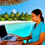 A professional adult, fully clothed in modest, appropriate business-casual attire, is seated comfortably at an ergonomic outdoor workspace on a private overwater bungalow deck in the Maldives. They are focused on a sleek, modern laptop, engaged in work. The background features crystal-clear turquoise ocean waters, distant palm-fringed islands, and a vibrant blue sky, suggesting a harmonious blend of nature and high technology. The overall atmosphere is serene, productive, and inspiring. Perfect anatomy, correct proportions, natural pose, well-formed hands, proper finger count, natural body proportions. High-quality professional photography, detailed, realistic, vibrant colors, soft natural light, safe for work, appropriate content, fully clothed, professional, family-friendly.