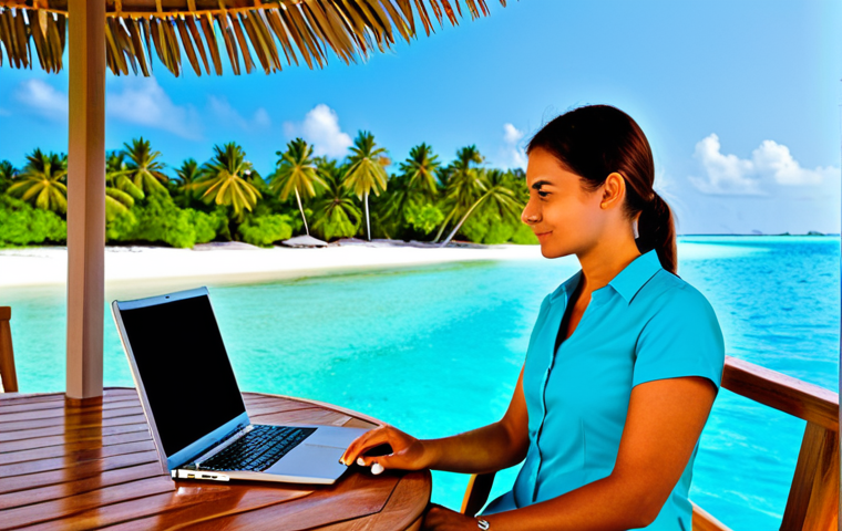 A professional adult, fully clothed in modest, appropriate business-casual attire, is seated comfortably at an ergonomic outdoor workspace on a private overwater bungalow deck in the Maldives. They are focused on a sleek, modern laptop, engaged in work. The background features crystal-clear turquoise ocean waters, distant palm-fringed islands, and a vibrant blue sky, suggesting a harmonious blend of nature and high technology. The overall atmosphere is serene, productive, and inspiring. Perfect anatomy, correct proportions, natural pose, well-formed hands, proper finger count, natural body proportions. High-quality professional photography, detailed, realistic, vibrant colors, soft natural light, safe for work, appropriate content, fully clothed, professional, family-friendly.