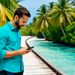 A professional traveler in a modest, appropriate business casual outfit, fully clothed, standing on a scenic path amidst lush palm trees on a Maldivian island. They are holding a smartphone, looking at a detailed map application with a confident, natural pose. The turquoise ocean glistens in the background. Perfect anatomy, correct proportions, well-formed hands, proper finger count, natural body proportions. Professional photography, high quality, safe for work, appropriate content, family-friendly.