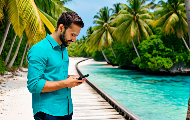 A professional traveler in a modest, appropriate business casual outfit, fully clothed, standing on a scenic path amidst lush palm trees on a Maldivian island. They are holding a smartphone, looking at a detailed map application with a confident, natural pose. The turquoise ocean glistens in the background. Perfect anatomy, correct proportions, well-formed hands, proper finger count, natural body proportions. Professional photography, high quality, safe for work, appropriate content, family-friendly.