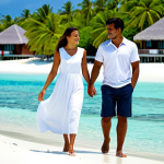 **

"A couple in their late 20s, fully clothed in light, summery modest attire, walking hand-in-hand along a pristine white sand beach in the Maldives. Crystal clear turquoise water laps at the shore.  Background shows a luxury overwater bungalow resort with palm trees. Perfect anatomy, correct proportions, natural pose, well-formed hands, proper finger count, natural body proportions. Safe for work, appropriate content, family-friendly, professional photography, high quality, bright sunny day."

**