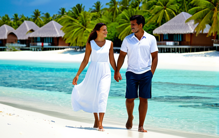 **
"A couple in their late 20s, fully clothed in light, summery modest attire, walking hand-in-hand along a pristine white sand beach in the Maldives. Crystal clear turquoise water laps at the shore. Background shows a luxury overwater bungalow resort with palm trees. Perfect anatomy, correct proportions, natural pose, well-formed hands, proper finger count, natural body proportions. Safe for work, appropriate content, family-friendly, professional photography, high quality, bright sunny day."
**