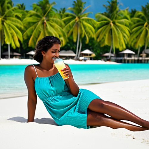 Home 23 Luxurious Relaxation**
A fully clothed woman in a modest sundress enjoys a refreshing drink while relaxing on a white sand beach in the Maldives. Turquoise water and palm trees are in the background. Safe for work, appropriate content, perfect anatomy, natural proportions, high quality, professional photography, modest clothing.
**