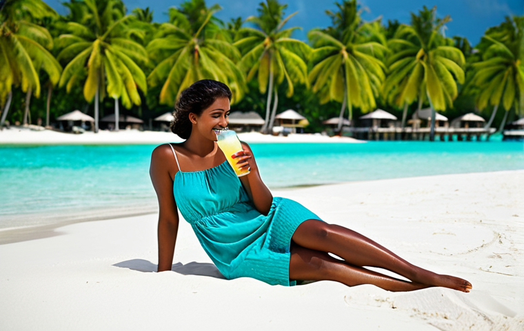 Luxurious Relaxation**

A fully clothed woman in a modest sundress enjoys a refreshing drink while relaxing on a white sand beach in the Maldives. Turquoise water and palm trees are in the background. Safe for work, appropriate content, perfect anatomy, natural proportions, high quality, professional photography, modest clothing.

**