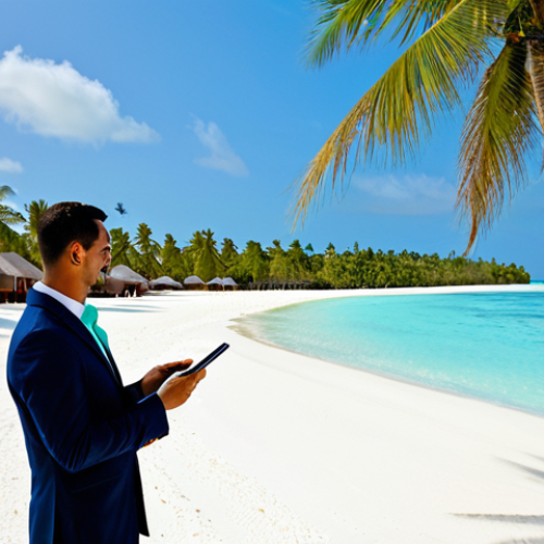 Home 10 Resort Wedding Planning**
A wedding planner in a stylish, modest dress consulting with a happy couple on a white sand beach in the Maldives, fully clothed, appropriate content, discussing wedding details with a tablet showing resort options, palm trees and turquoise water in the background, professional, perfect anatomy, natural proportions, safe for work, family-friendly.
**