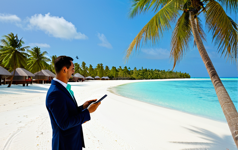 Resort Wedding Planning**

A wedding planner in a stylish, modest dress consulting with a happy couple on a white sand beach in the Maldives, fully clothed, appropriate content, discussing wedding details with a tablet showing resort options, palm trees and turquoise water in the background, professional, perfect anatomy, natural proportions, safe for work, family-friendly.

**