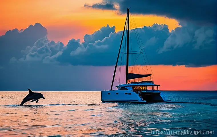 몰디브 돌고래 크루즈 - ### Image Prompt 1: Magical Maldivian Sunset Dolphin Cruise