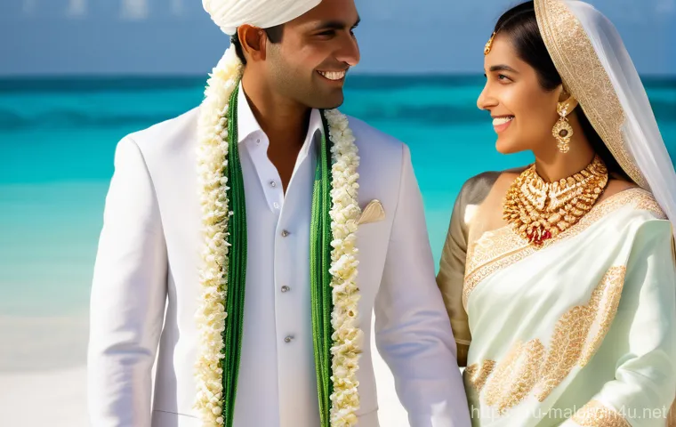 몰디브 전통 결혼식 - **Prompt 1: "A joyful Maldivian wedding couple standing gracefully on a pristine, untouched beach at...