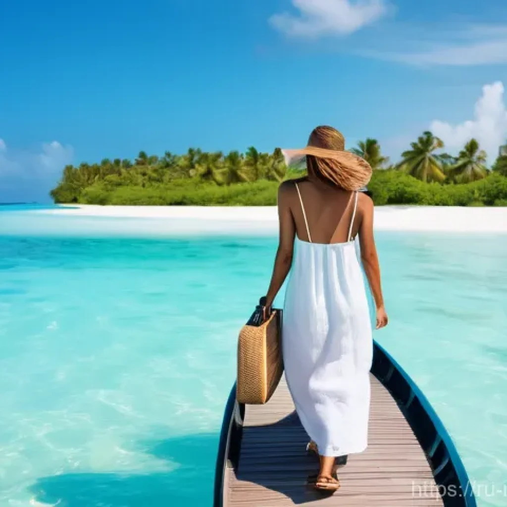 몰디브 직항 항공편 - A young, happy female traveler, dressed in a light, elegant linen dress and comfortable sandals, is ...