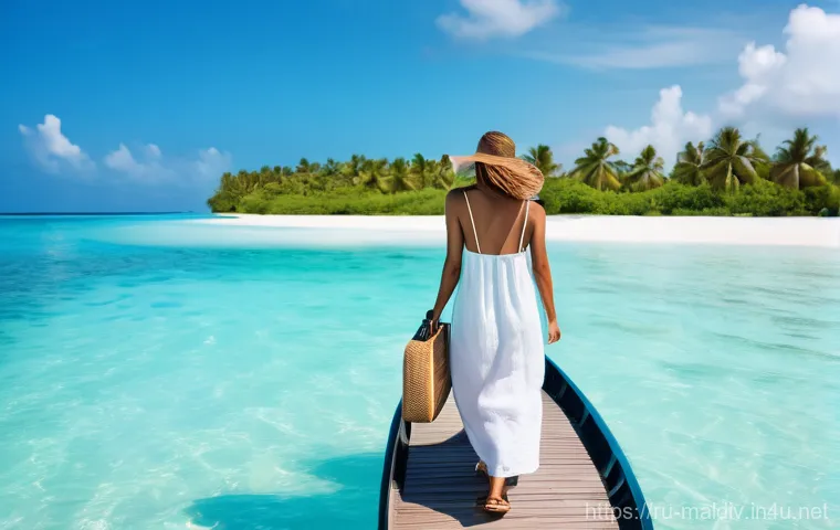 몰디브 직항 항공편 - A young, happy female traveler, dressed in a light, elegant linen dress and comfortable sandals, is ...
