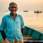 Home 12 몰디브 어업 산업 - A serene and respectful depiction of a traditional Maldivian fisherman, mid-adult, with weathered ha...