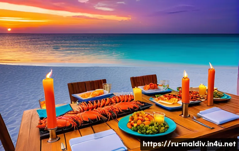 몰디브 바베큐 디너 - **Prompt 1: Romantic Maldivian Sunset Beach BBQ**
"A stunning, romantic scene on a pristine whit...