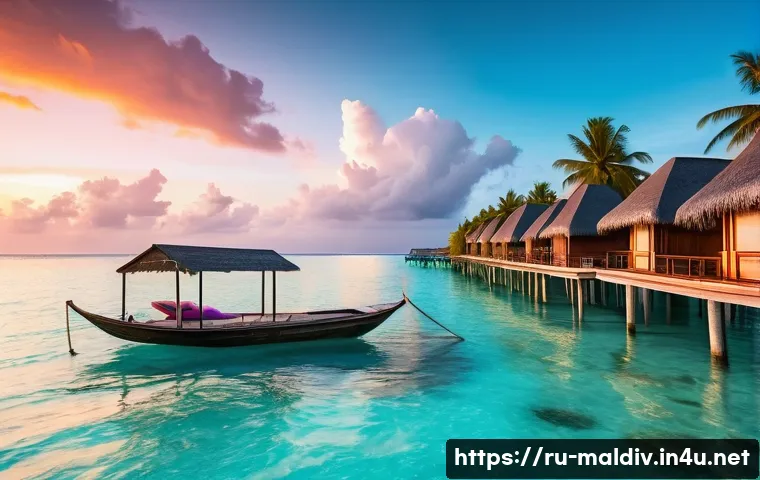 몰디브와 하와이 비교 - A serene Maldives tropical beach scene at sunset, featuring endless white sandy shores and crystal-c...