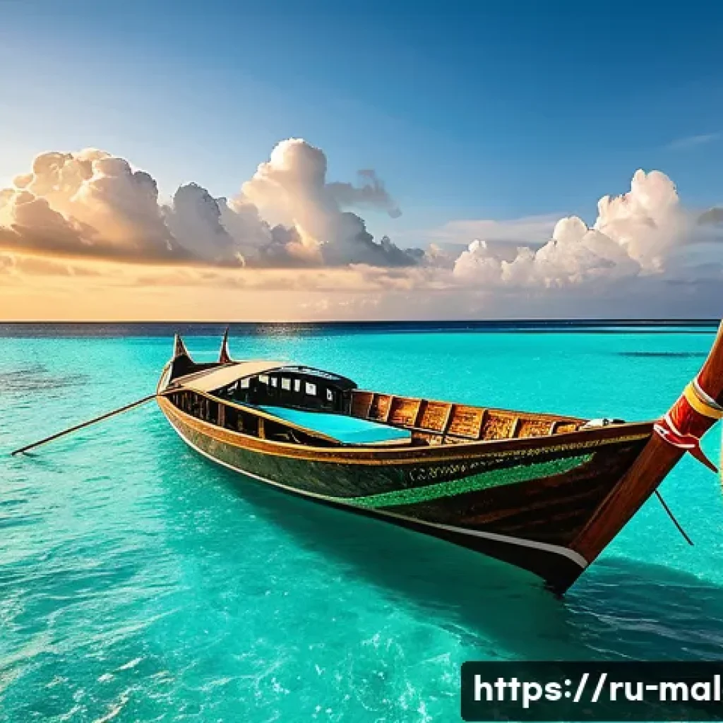 몰디브 전통 배 도니 - A traditional Maldivian wooden boat gently floating on clear turquoise waters near a tropical island...