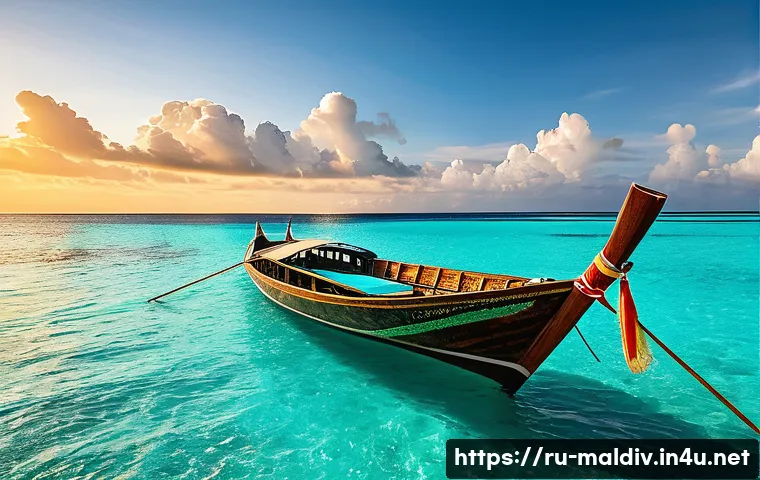 몰디브 전통 배 도니 - A traditional Maldivian wooden boat gently floating on clear turquoise waters near a tropical island...
