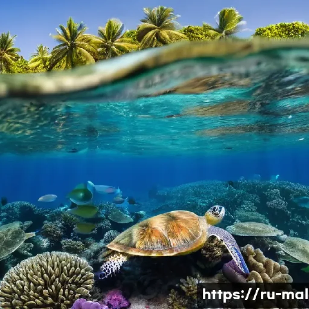 몰디브 해양 쓰레기 문제 - A vivid underwater scene showing a coral reef ecosystem around the Maldives, with colorful corals pa...