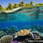 몰디브 해양 쓰레기 문제 - A vivid underwater scene showing a coral reef ecosystem around the Maldives, with colorful corals pa...