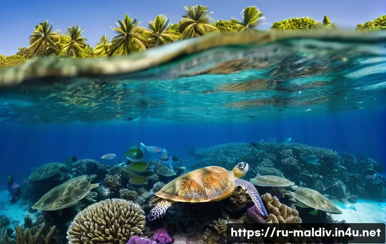몰디브 해양 쓰레기 문제 - A vivid underwater scene showing a coral reef ecosystem around the Maldives, with colorful corals pa...