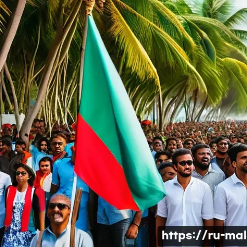 몰디브 전 대통령 사건 - A detailed political rally scene in the Maldives featuring diverse protesters holding banners and fl...