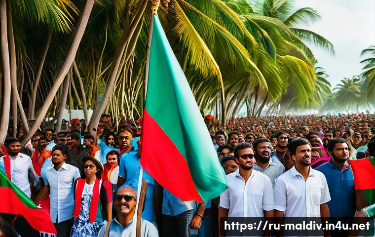 몰디브 전 대통령 사건 - A detailed political rally scene in the Maldives featuring diverse protesters holding banners and fl...