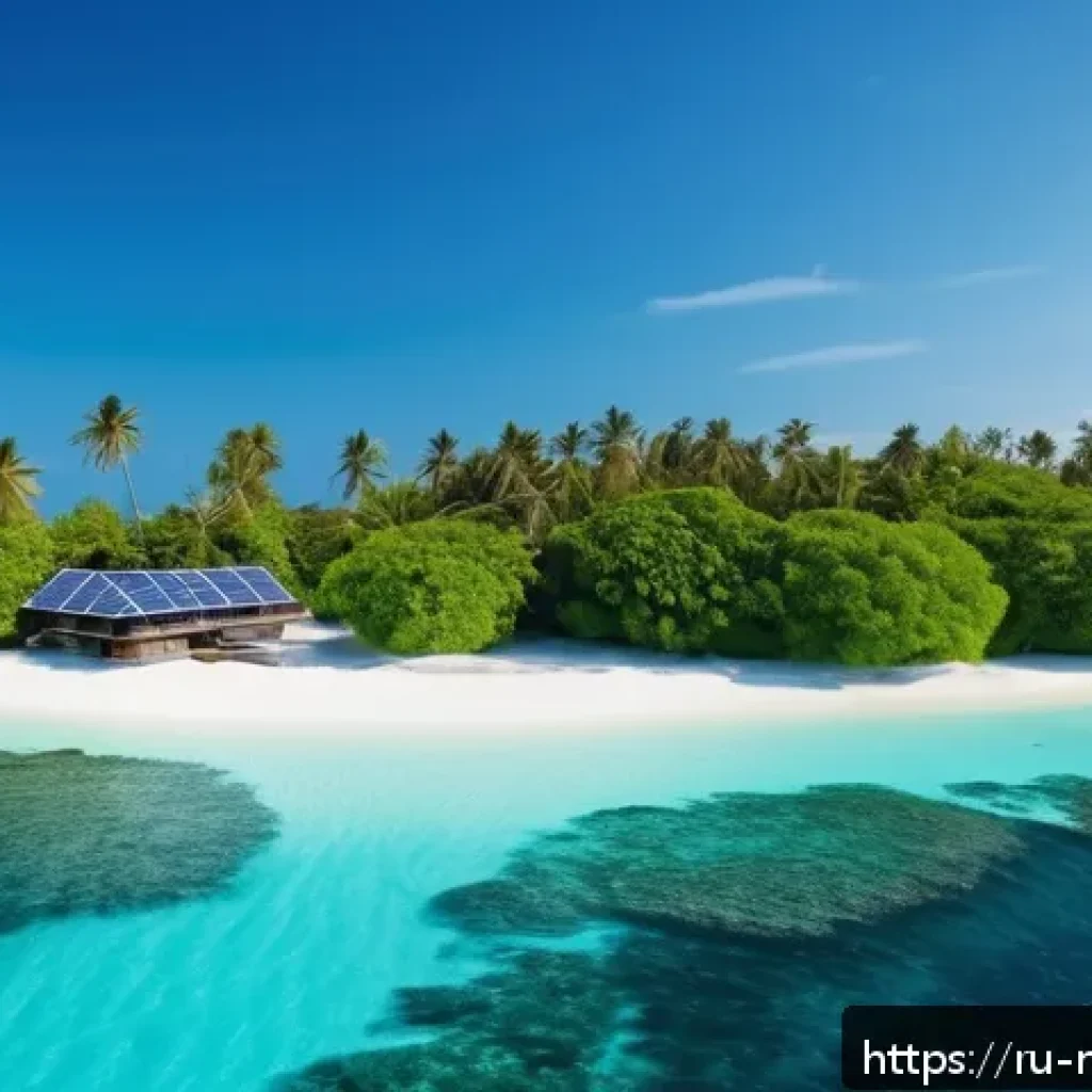 몰디브 전기 공급 현황 - A picturesque remote island in the Maldives featuring modern solar panels installed on traditional t...