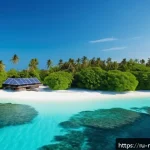몰디브 전기 공급 현황 - A picturesque remote island in the Maldives featuring modern solar panels installed on traditional t...