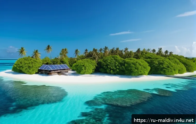 몰디브 전기 공급 현황 - A picturesque remote island in the Maldives featuring modern solar panels installed on traditional t...