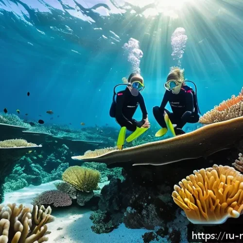 몰디브 해양 학습 활동 - A group of diverse children aged 8 to 14 wearing colorful wetsuits and snorkeling gear, exploring vi...