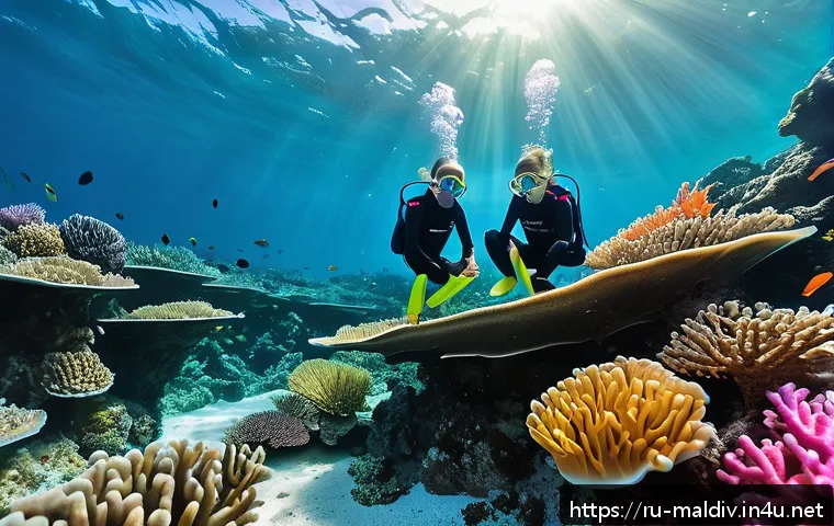 몰디브 해양 학습 활동 - A group of diverse children aged 8 to 14 wearing colorful wetsuits and snorkeling gear, exploring vi...