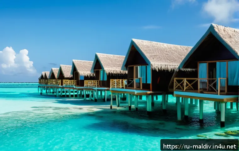 몰디브 환경 보호 캠페인 - A serene eco-friendly Maldivian resort featuring overwater bungalows with solar panels on the roofs,...
