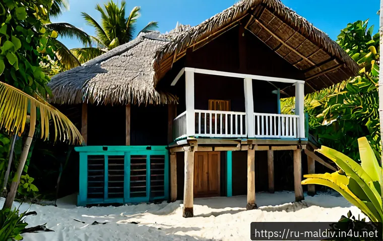 몰디브 전통 주택 다니보스 - Photorealistic exterior of a traditional Maldivian island home, low coral-stone walls and weathered ...