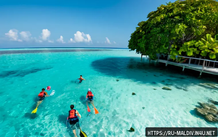 몰디브 해양 스포츠 종류 - Photorealistic wide-angle scene of a Russian family snorkeling in the clear turquoise lagoon of the ...