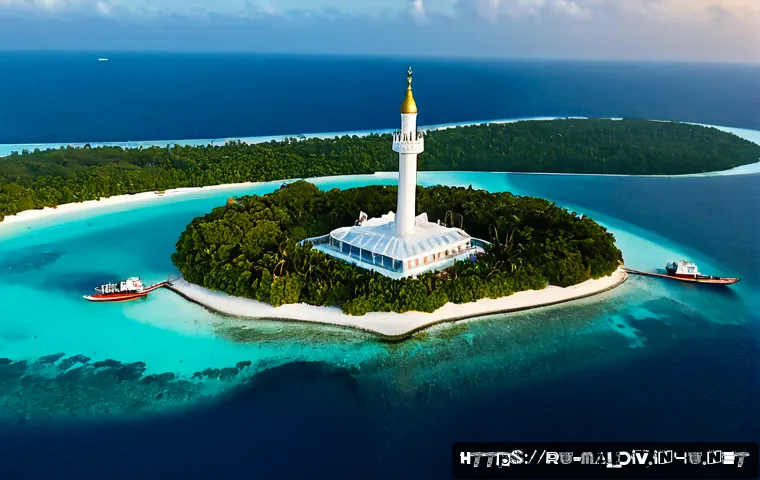 Home 17 몰디브의 이슬람화 - Photorealistic aerial view of Malé, Maldives at golden sunrise, a graceful white coral-stone mosque ...