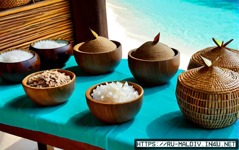 몰디브 특산품 목록 - Photorealistic Maldives specialty gift display on a sunlit wooden market table: neatly arranged smok...